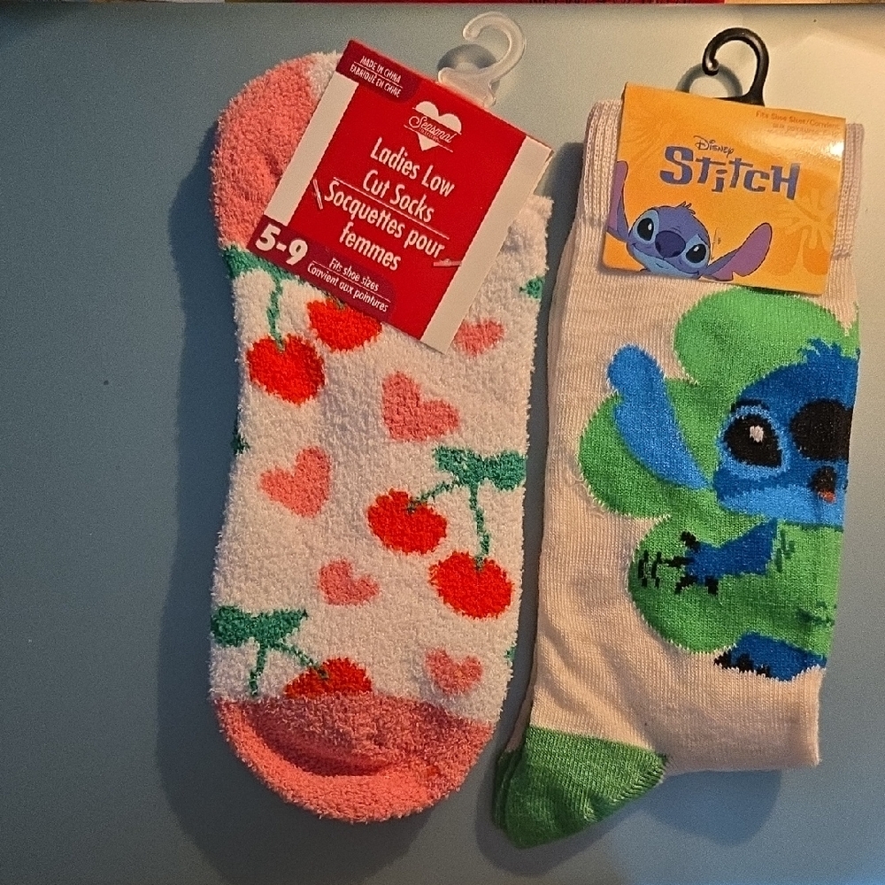 Sock Bundle - Pair Disney Stitch Crew & Pair Sneaker Socks Featuring Cherries - Picture 1 of 3